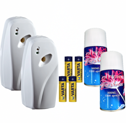 Automatic fragrance dispenser kit with 2 dispensers, refills, and batteries for commercial and home use