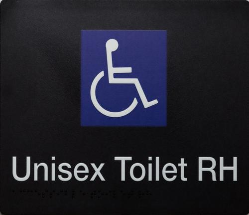 Unisex Toilet Disabled White on Black Braille Sign RH